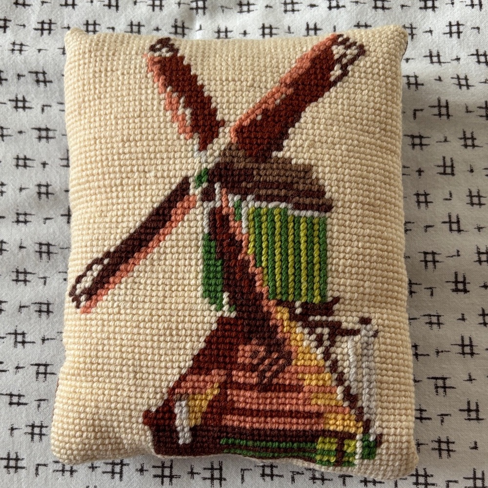 Embroidered Windmill Accent Pillow - Cream and Brown